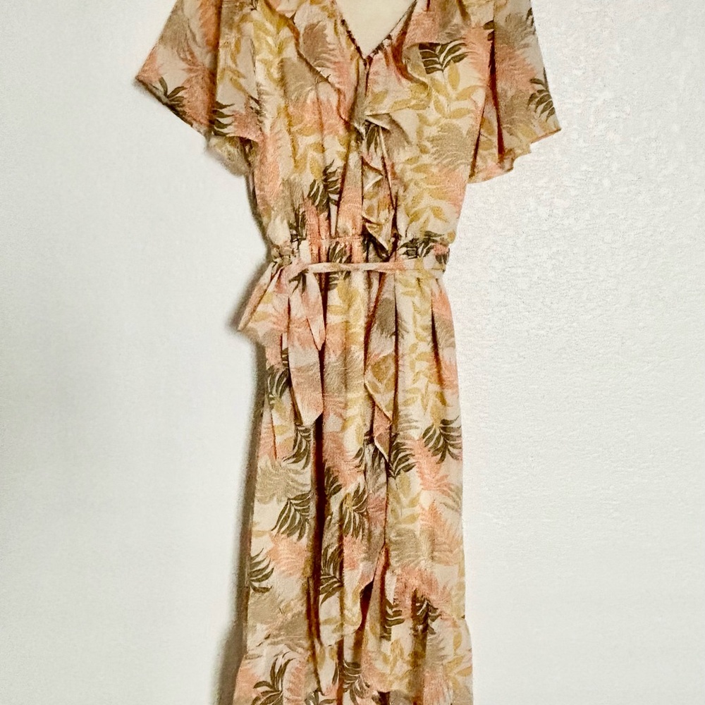 Tan and Orange Buttoned Tie Front Midi Sundress Leaves Ruffles Summer